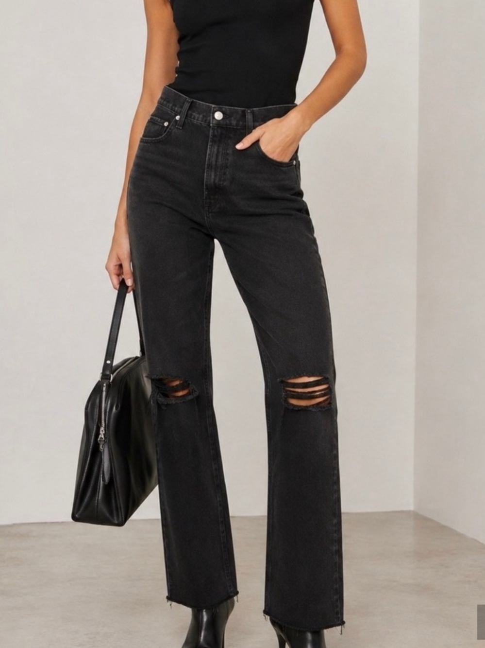 Agolde Cherie High Rise Straight Jeans Distortion Black Distressed Rigid NWT 23